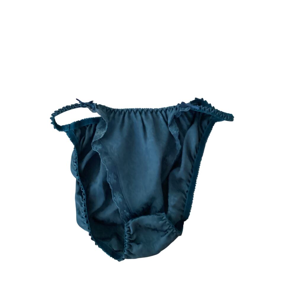 Vintage Teal Satin Jacquard String Bikini Panties Size 7/L Lace Trim